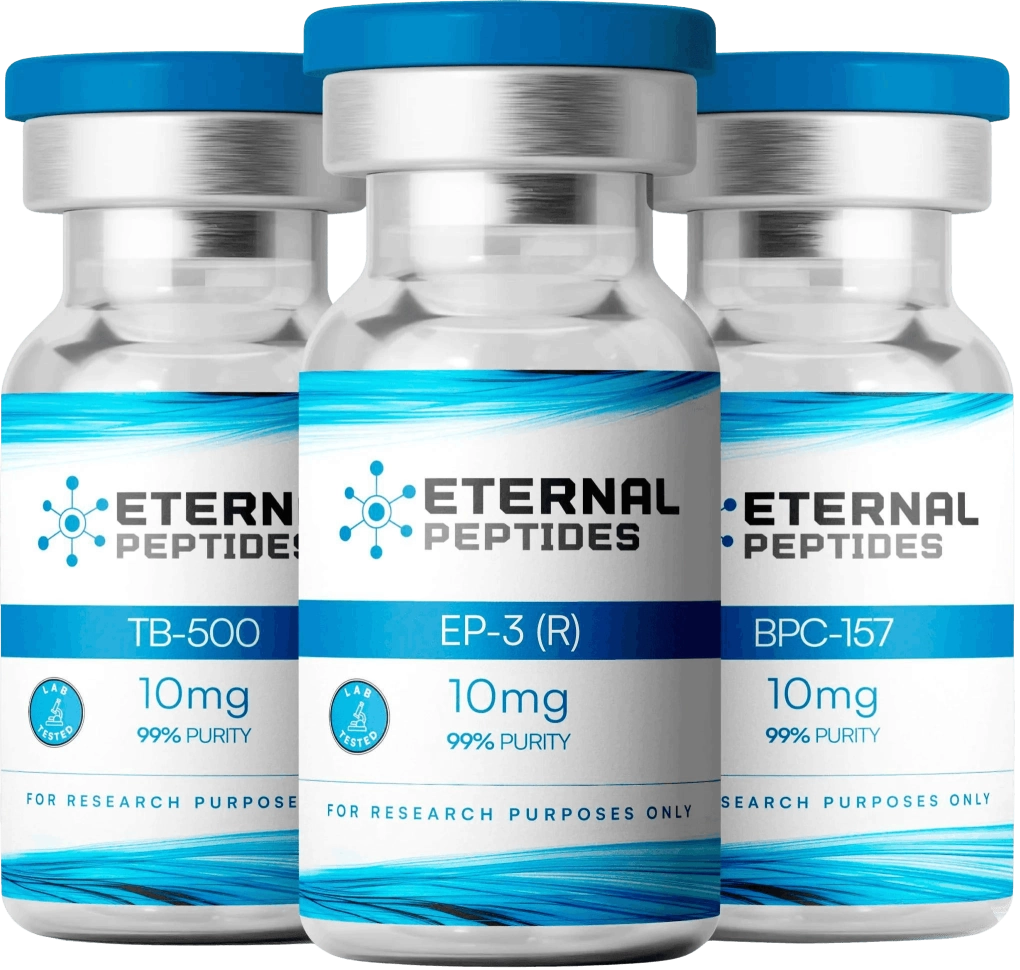 Eternal Peptides research peptide vials — TB-500, EP-3 (R), BPC-157