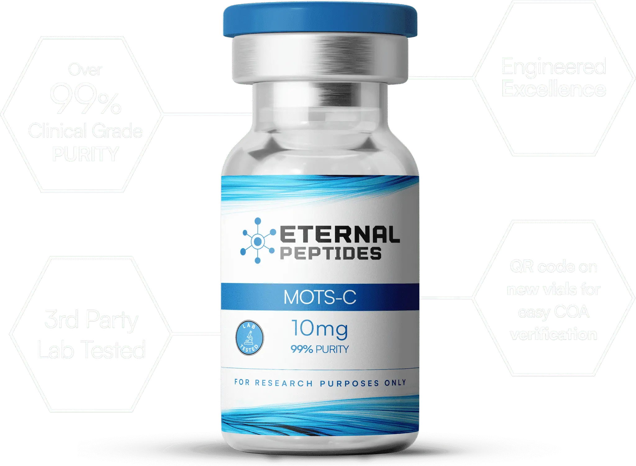 Eternal Peptides MOTS-C vial — over 99% clinical grade purity, 3rd party lab tested, engineered excellence, QR code COA verification